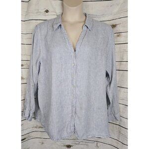 JNY Jones New York 100% Linen Blue Striped Tunic Top 3X Button Up Roll Sleeves